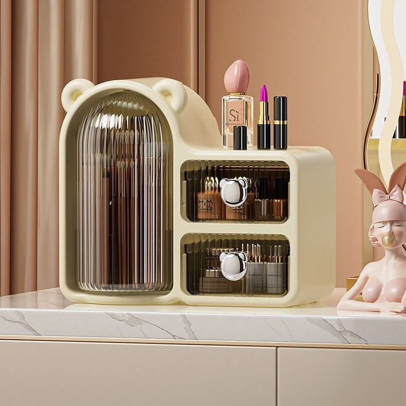 Desktop cosmetic storage box with lid with 2 drawers rotating desktop storage box for home dressing table storage