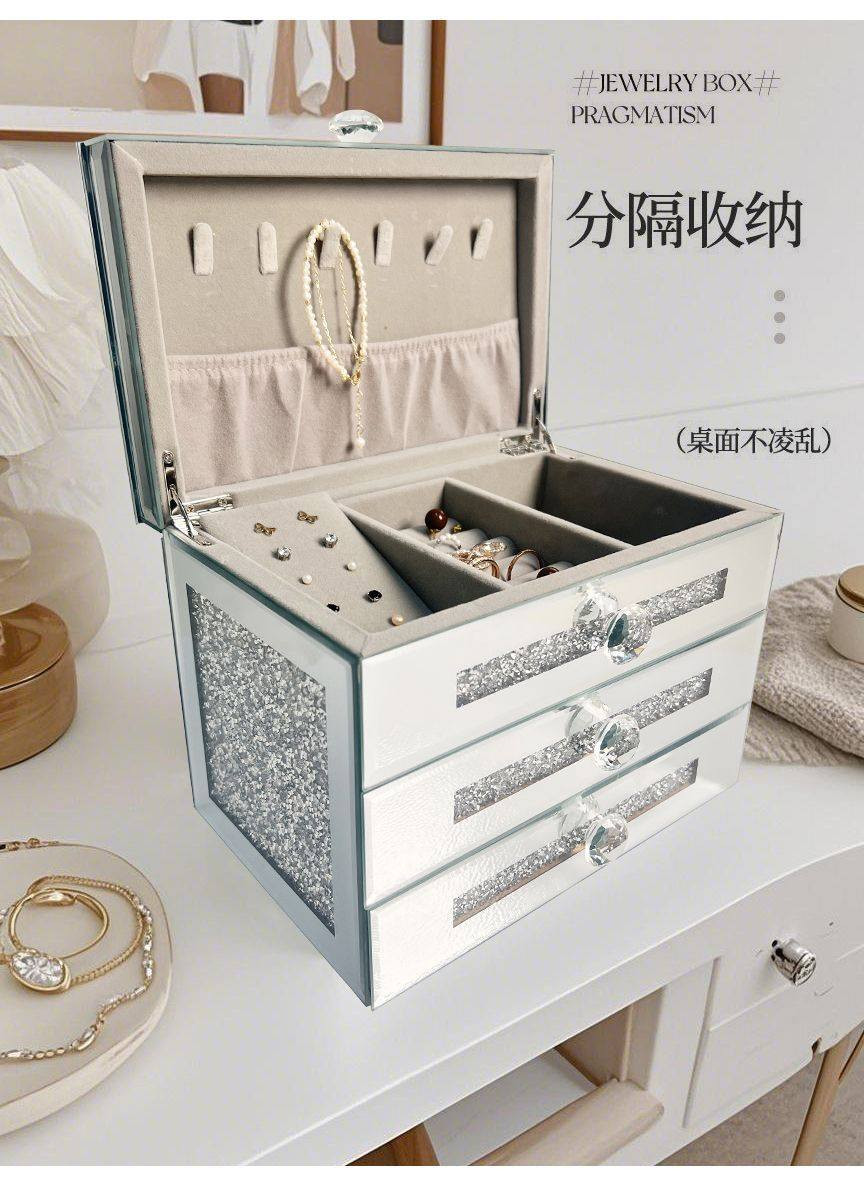 Silver Glass Jewelry Storage Box Luxury 3 Layers Large Capacity Jewelry Boxes